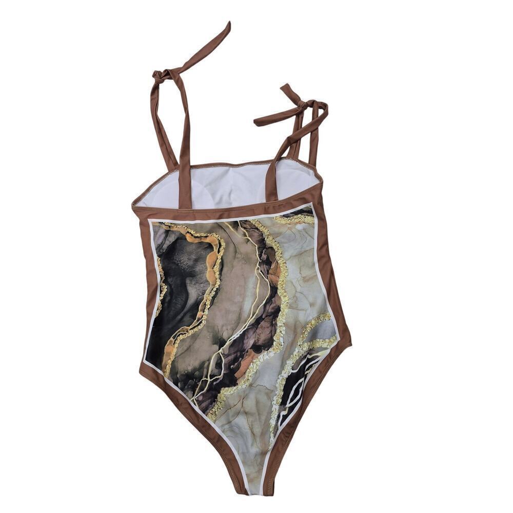NWOT 1PC Bathing Suit+ Long Sarong Cover Up Set Brown/Gold Marble Sz XL - Picture 2 of 10